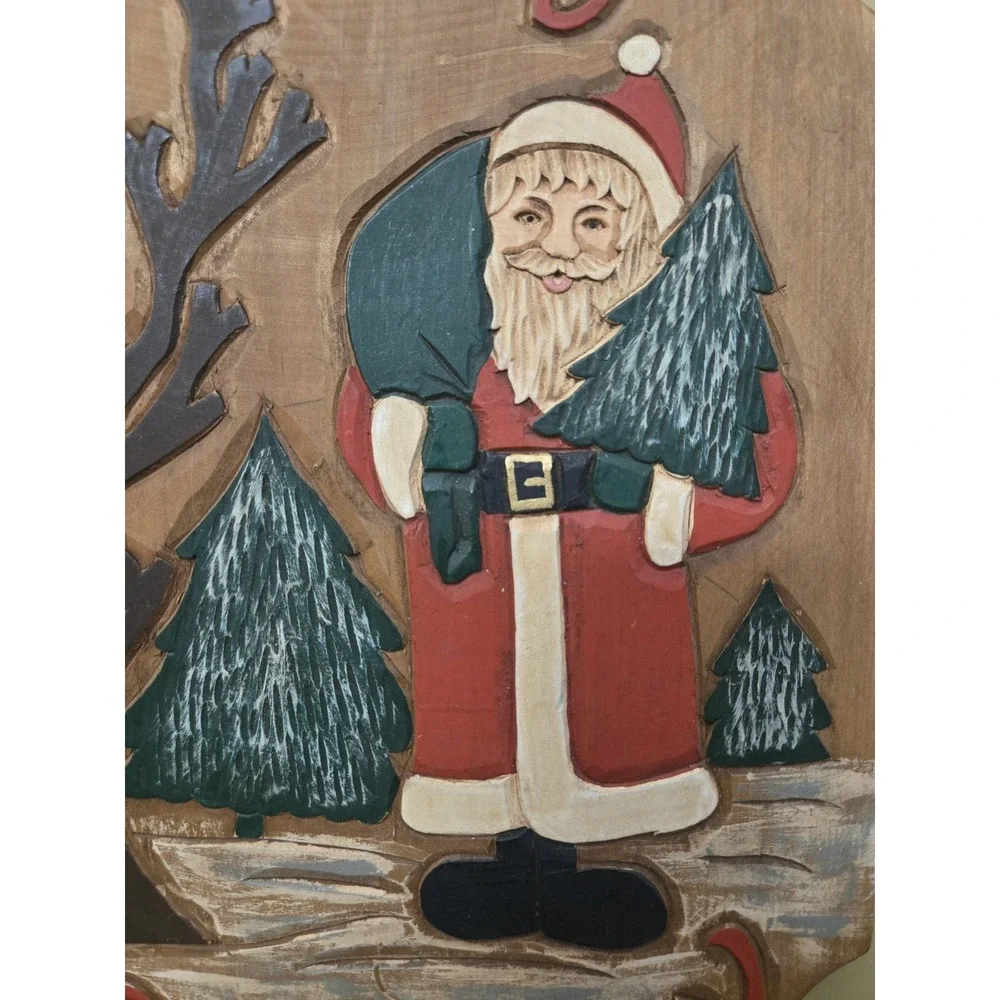 Folk Art Hand Carved & Painted Wood Merry Christmas Tree Santa  Wall Hanging 16